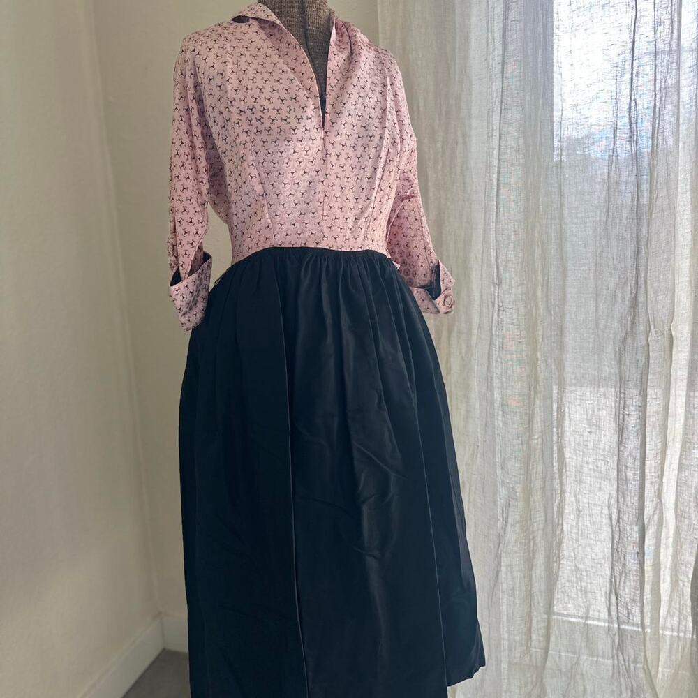 Vintage Blush Print High Collar Midi Dress Black Skirt